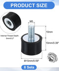 M5 Rubber Mounts 8Pcs 15x10mm Anti Vibration Isolators with Lock Nuts, detailed size and thread information shown.