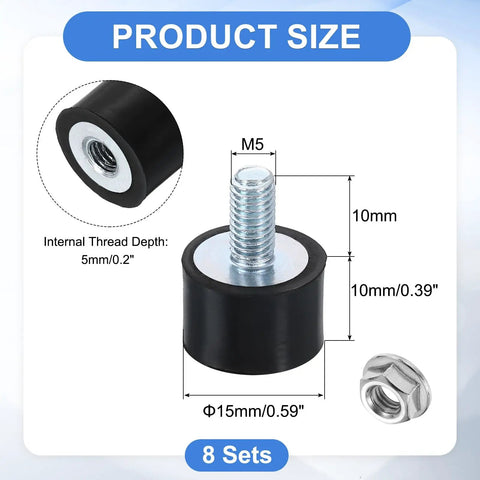 M5 Rubber Mounts 8Pcs 15x10mm Anti Vibration Isolators with Lock Nuts, detailed size and thread information shown.