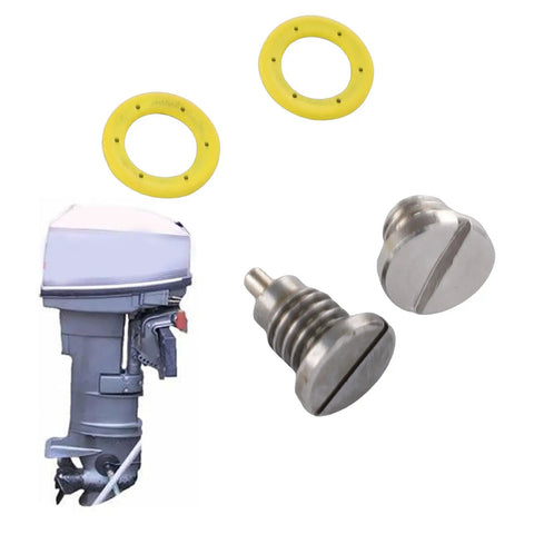 Premium Metal Gear Case Drain Plug Kit 2 Pack For Mariner Outboard Engine With Exact Fit Seal And Easy Install To Fix Lower Unit Oil Leaks Now, two metal plugs and yellow seals on outboard