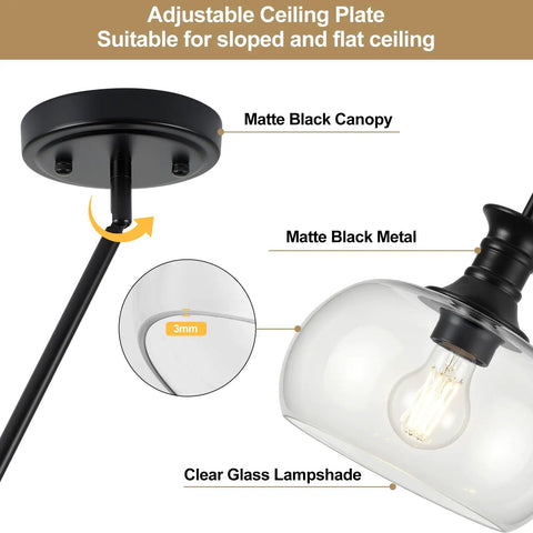 puncoll 2 PK 9 Inch Modern Black Clear Glass Pendant Light detailed view showing matte black canopy and clear glass lampshade.