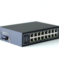 Unmanaged 16 Port Industrial Ethernet Switch For Rugged Applications, 10 100 Mbps Auto MDI MDI X, black casing with ports