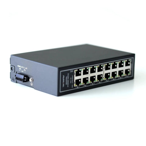 Unmanaged 16 Port Industrial Ethernet Switch For Rugged Applications, 10 100 Mbps Auto MDI MDI X, black casing with ports