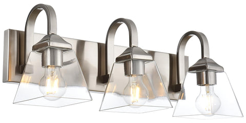 3 Light Modern Brushed Nickel Vanity Light Over Mirror Industrial Wall Sconce With Clear Glass Shades for bathrooms or halls