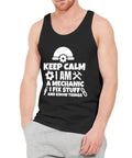 Men's Mechanics Tank Top Straight Up Comfy 100 Percent Cotton Sleeveless Shirt Featuring Keep Calm Graphic in black color.