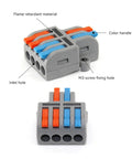 Compact Mini Push In Wire Connector 10 Pcs Splitter Block For Tool Free Splicing Solid And Stranded Copper Wires In Home Wiring Or Led Projects With Flame Retardant Pa66 Housing And Tin Plated Contacts Rated For Heavy Duty Electrical Jobs. gray 4-port connector with color handles and screw hole