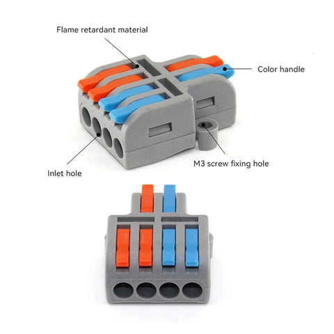 Compact Mini Push In Wire Connector 10 Pcs Splitter Block For Tool Free Splicing Solid And Stranded Copper Wires In Home Wiring Or Led Projects With Flame Retardant Pa66 Housing And Tin Plated Contacts Rated For Heavy Duty Electrical Jobs. gray 4-port connector with color handles and screw hole