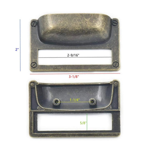 Six Pack Zinc Alloy Antique Bronze Label Frame Drawer Pulls for Drawers and Cabinets With Customizable Label Windows dimensions
