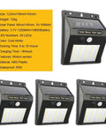 Four Solar Motion Sensor Outdoor Lights 30 LED 4 Pack With Motion Activated Security Lighting displayed front and side in black.