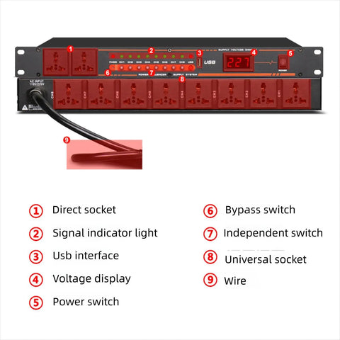 Rock Solid 10 Outlet Power Sequencer With Digital Display And Surge Guard For Home Studio Gear US Plug showing sockets and controls.