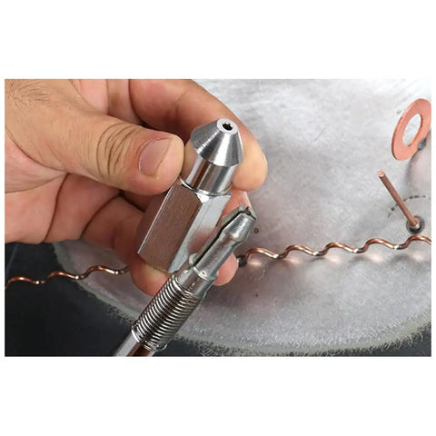 Close-up of Body Repair Spot Weld Kit With Dent Puller, 800VA Spot Welder, Stud Gun Set tool tip held by a hand