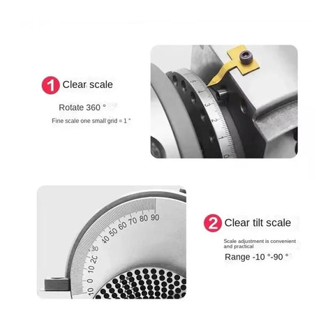 Close-up of clear scale and tilt scale on 4 Inch Dividing Head With Three Jaw Chuck And Tailstock Built Tough Precision Semi Universal Rotary Table For Milling Machines.