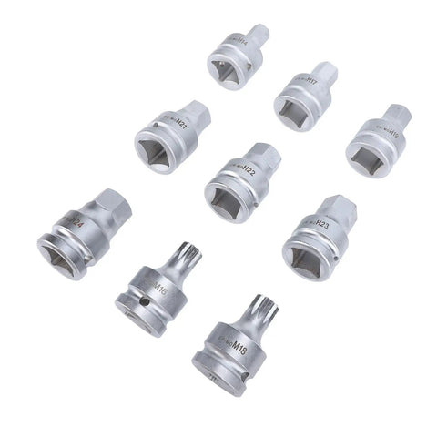 Crucial 9 Piece Torvex Impact Socket Set With 3/4 Inch Drive Cr Mo Hex And Spline Bits For Auto Repair And Workshop Maintenance From M16 To M18 Fasteners Plus Storage Box Included, showing Cr-Mo impact bits