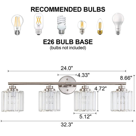 Modern Brushed Nickel Vanity Lights 32 Inch 4 Light Crystal Shade Industrial Sconce Wall Lamp For Bathroom Mirror Makeup Desk