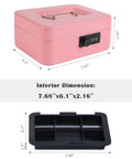 Steel Cash Box Safe With Combination Lock Pink Money Safe Box With Removable Coin Tray Medium Size 7.87 By 6.30 By 3.54 Inches Durable Steel Construction For Home Office Travel Security, showing dimensions and removable tray.
