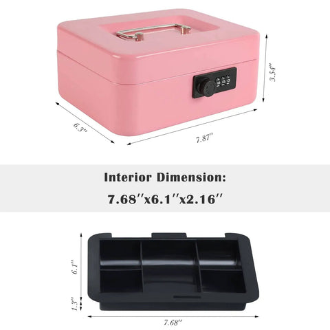 Steel Cash Box Safe With Combination Lock Pink Money Safe Box With Removable Coin Tray Medium Size 7.87 By 6.30 By 3.54 Inches Durable Steel Construction For Home Office Travel Security, showing dimensions and removable tray.