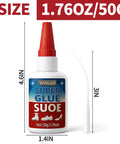 50G Shoe Glue All Purpose Waterproof Repair Adhesive bottle with red cap for sneakers, boots, heels, sandals, includes nozzle.
