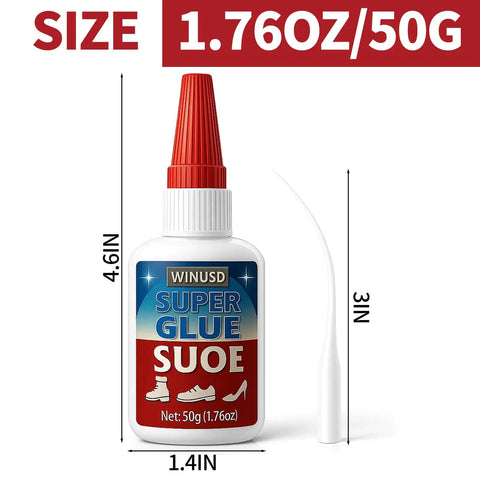 50G Shoe Glue All Purpose Waterproof Repair Adhesive bottle with red cap for sneakers, boots, heels, sandals, includes nozzle.