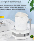 Fast Electric Drink Cooler Cup With Dual Chill Modes And Hassle Free One Touch Control For Straight Up Frosty Brews Juices Or Milk In 420 Ml Aluminum Mug, food-grade aluminum cup on cooling base.