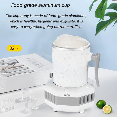 Fast Electric Drink Cooler Cup With Dual Chill Modes And Hassle Free One Touch Control For Straight Up Frosty Brews Juices Or Milk In 420 Ml Aluminum Mug, food-grade aluminum cup on cooling base.