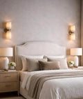 GLEAMING NEST Modern Alabaster Wall Sconce, Double Light Fixture, Antique Brass Finish, Fluted Stone Shades, Contemporary Wall Lamp for Bedroom ambiance.