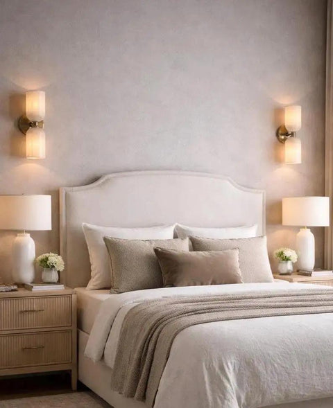 GLEAMING NEST Modern Alabaster Wall Sconce, Double Light Fixture, Antique Brass Finish, Fluted Stone Shades, Contemporary Wall Lamp for Bedroom ambiance.