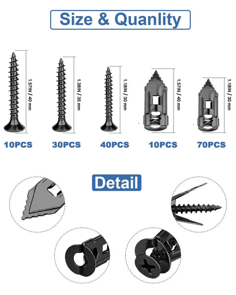 160 Piece Black Drywall Anchors And Screws Kit size and quantity illustration with detailed close-ups