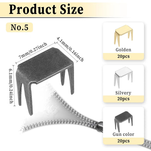 60 Piece Zipper Stopper Kit With Top And Bottom Zipper Stops For Bags Coats And Jackets, Bronze Color Replacement Zipper Repair Accessories, Includes Four Feet Top And Bottom, Perfect For Size 5 Zippers displayed with product sizes in golden, silvery, and gun color.
