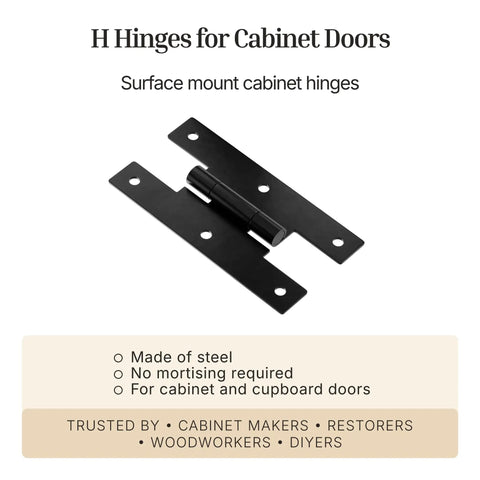 Flat Black H Hinges For Cabinet Doors Flush Mount Pack Of 2 3 In By 1-5/8 In Steel With Black Finish, surface mount
