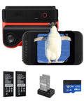 Viewer Integrated 3D VR Camera with 24MP photos and 8K stills, 4K60 video, front view with accessories included, penguin displayed.