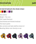 Juin F1-S hybrid hydraulic disc brake caliper kit; six calipers in yellow, red, black, pink, purple and gray.