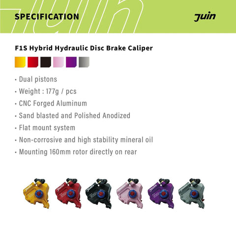 Juin F1-S hybrid hydraulic disc brake caliper kit; six calipers in yellow, red, black, pink, purple and gray.