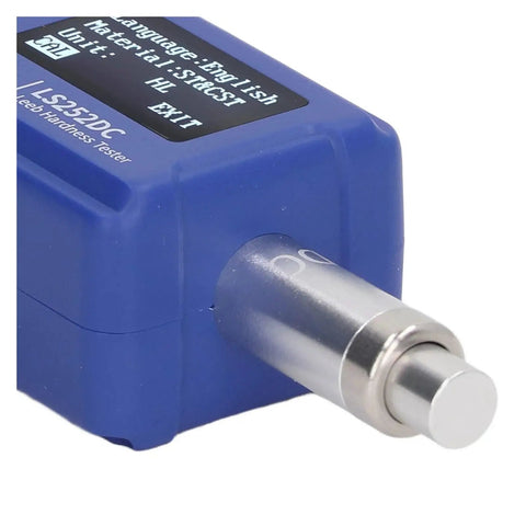 Super Portable Digital Hardness Tester Rockin Tungsten Carbide Probe And Clever Dual Coil Setup For Dead On Metal Grading And Zero Sweat Workshop Inspections close-up of blue digital hardness tester with tungsten probe.