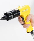 Yellow pneumatic rivet nut gun with self locking heads and quick change mandrels in one quarter inch size for durable installations.