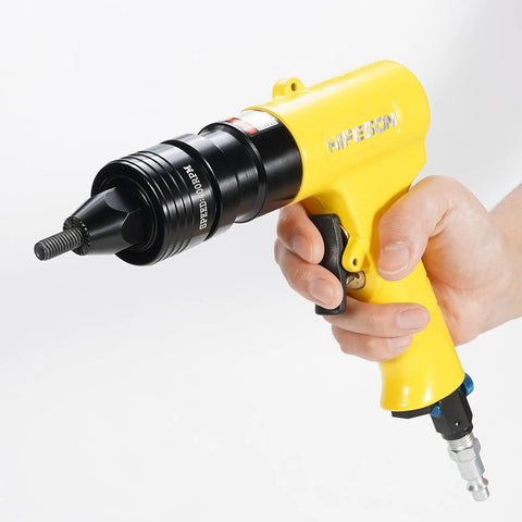 Yellow pneumatic rivet nut gun with self locking heads and quick change mandrels in one quarter inch size for durable installations.