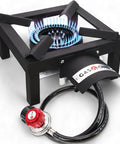 High Pressure Propane Burner For Outdoor Cooking With Heat Shield And Guard, showing cast iron burner with gas hose