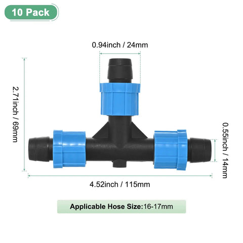 10 Pack Drip Irrigation Barbed Locking Fittings For 5/8 Inch (16mm) Tubing, 3 Way Tee Coupling with measurements
