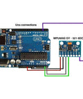 GY-521 MPU-6050 6 DOF Sensor Module Pack With 3 Axis Accelerometer Gyroscope And 16 Bit ADC Output I2C Data Interface For Arduino DIY Projects Five Piece Kit For Easy Prototyping And Robotics connected to an Arduino Uno