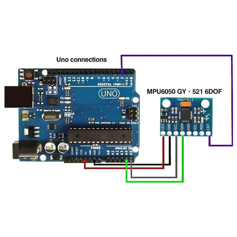 GY-521 MPU-6050 6 DOF Sensor Module Pack With 3 Axis Accelerometer Gyroscope And 16 Bit ADC Output I2C Data Interface For Arduino DIY Projects Five Piece Kit For Easy Prototyping And Robotics connected to an Arduino Uno