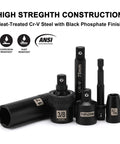 Beefy Heavy Duty 49 Piece Three Eighths Inch Drive Impact Socket Set with CRV Steel, black finish, showing various socket components