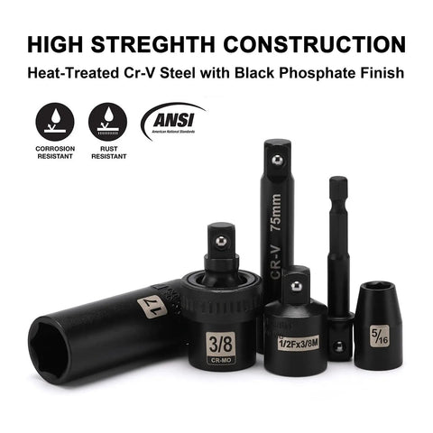 Beefy Heavy Duty 49 Piece Three Eighths Inch Drive Impact Socket Set with CRV Steel, black finish, showing various socket components