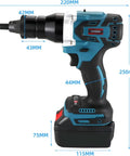 No Strings Attached Heavy Duty Cordless Rivet Gun With 5.2 Ah Battery and Slick LED Light side view with dimensions listed.