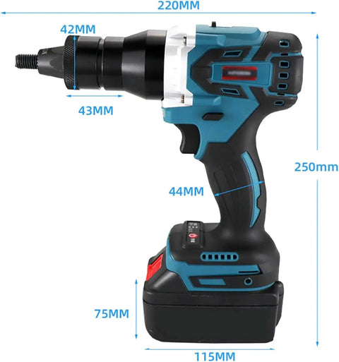 No Strings Attached Heavy Duty Cordless Rivet Gun With 5.2 Ah Battery and Slick LED Light side view with dimensions listed.