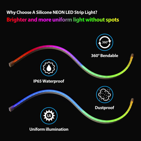 Lit ARGB PC Light Strips For 5V 3 Pin Headers, Sync With Razer Chroma Corsair iCUE Asus Aura Sync Gigabyte Fusion MSI Mystic Light ASRock Polychrome, showing bendable neon LED and waterproof features