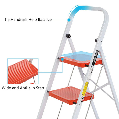 Close-up of 2 Step Folding Ladder With Handgrip, Heavy Duty Step Stool For Home And Kitchen, Anti Slip Wide Pedal, showing handgrip detail.