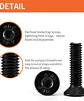 Close-up view of M4 0.7 x 10mm flat head hex socket cap screws showing head and thread details, heavy duty alloy steel with black oxide finish.