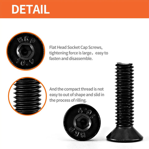 Close-up view of M4 0.7 x 10mm flat head hex socket cap screws showing head and thread details, heavy duty alloy steel with black oxide finish.