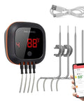 Bluetooth Digital Wireless Meat Thermometer With 4 Probes, Timer And Alarm, app alerts and backlit display, cables, and phone app shown.
