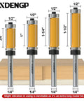 Top And Bottom Bearing Flush Trim Router Bits Set Four Piece Quarter Inch Shank Half Inch Cutting Diameter displayed on wood.