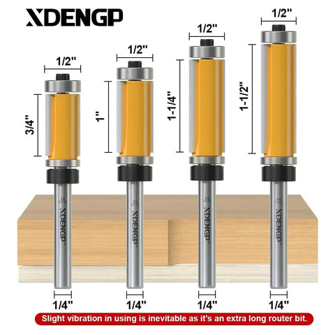 Top And Bottom Bearing Flush Trim Router Bits Set Four Piece Quarter Inch Shank Half Inch Cutting Diameter displayed on wood.