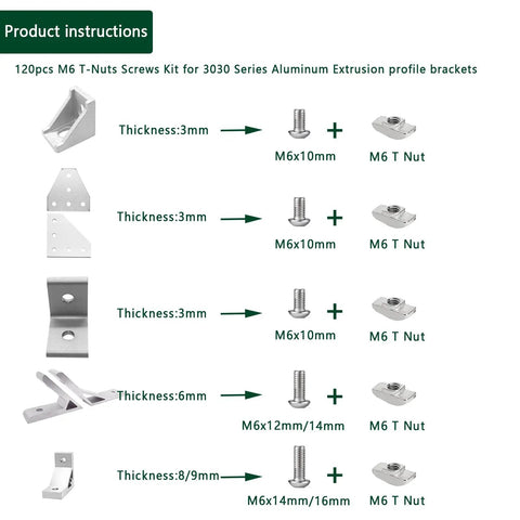 Rock Solid M6 T Slot Bolts And Nuts Hardware Bundle For 3030 3060 Aluminum Extrusion Rails showcasing various bracket profiles and fasteners.